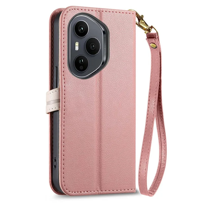 For Honor 400 Pro 5G (Global) Stand Case Leaf Shape Magnetic Clasp Leather Phone Cover with Hand Strap - Rose Gold