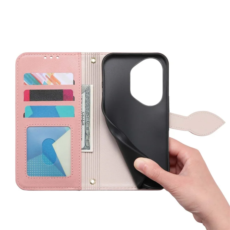 For Honor 400 Pro 5G (Global) Stand Case Leaf Shape Magnetic Clasp Leather Phone Cover with Hand Strap - Rose Gold