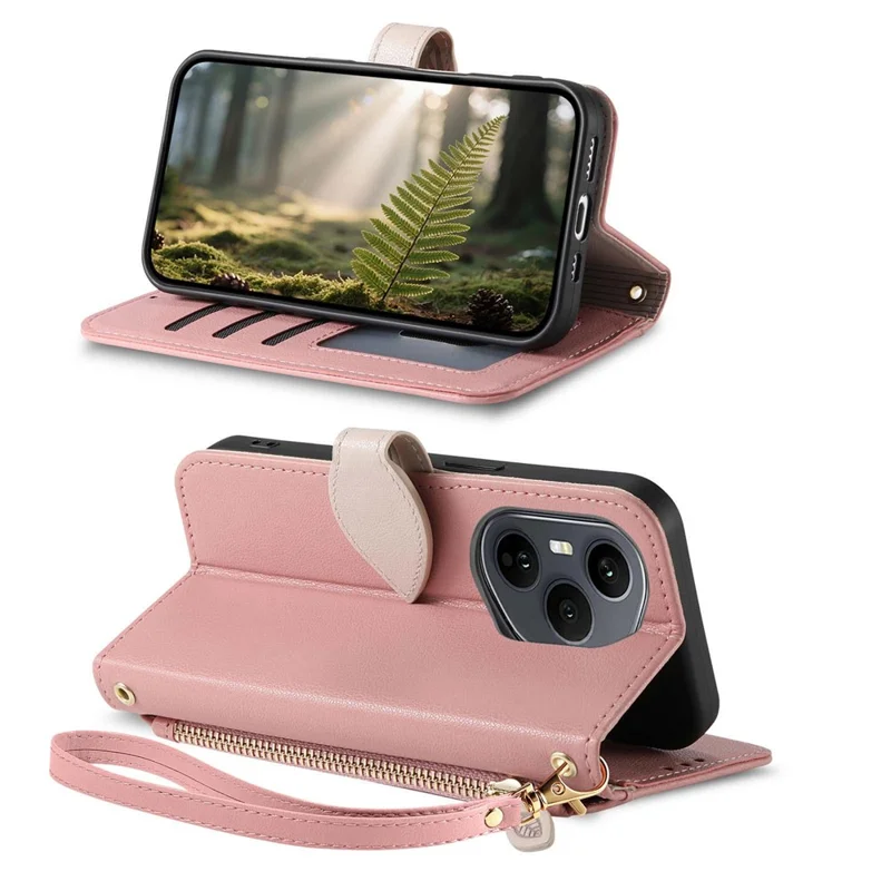 For Honor 400 Pro 5G (Global) Stand Case Leaf Shape Magnetic Clasp Leather Phone Cover with Hand Strap - Rose Gold