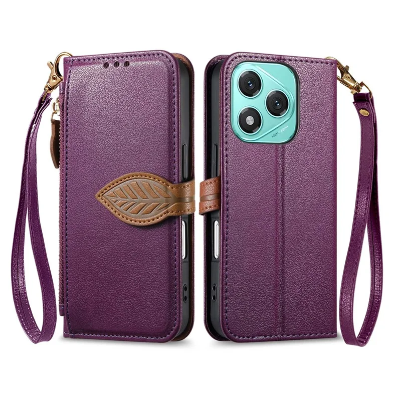 For Honor 400 Lite 5G Stand Case Leaf Shape Magnetic Clasp Leather Phone Cover with Hand Strap - Purple