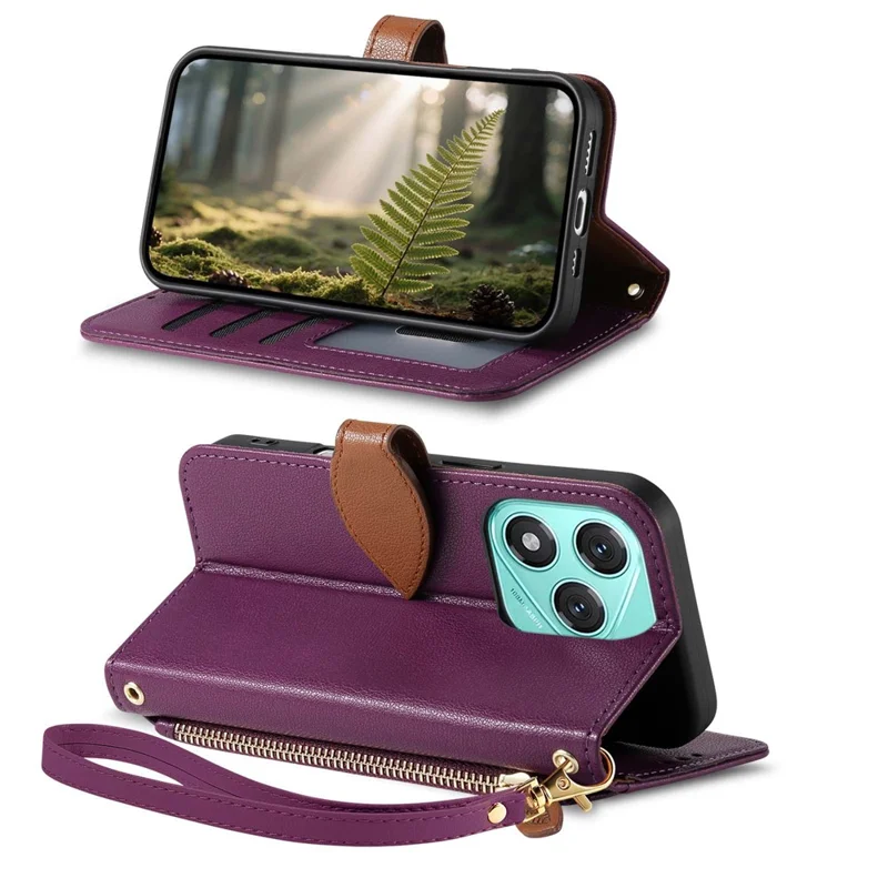 For Honor 400 Lite 5G Stand Case Leaf Shape Magnetic Clasp Leather Phone Cover with Hand Strap - Purple