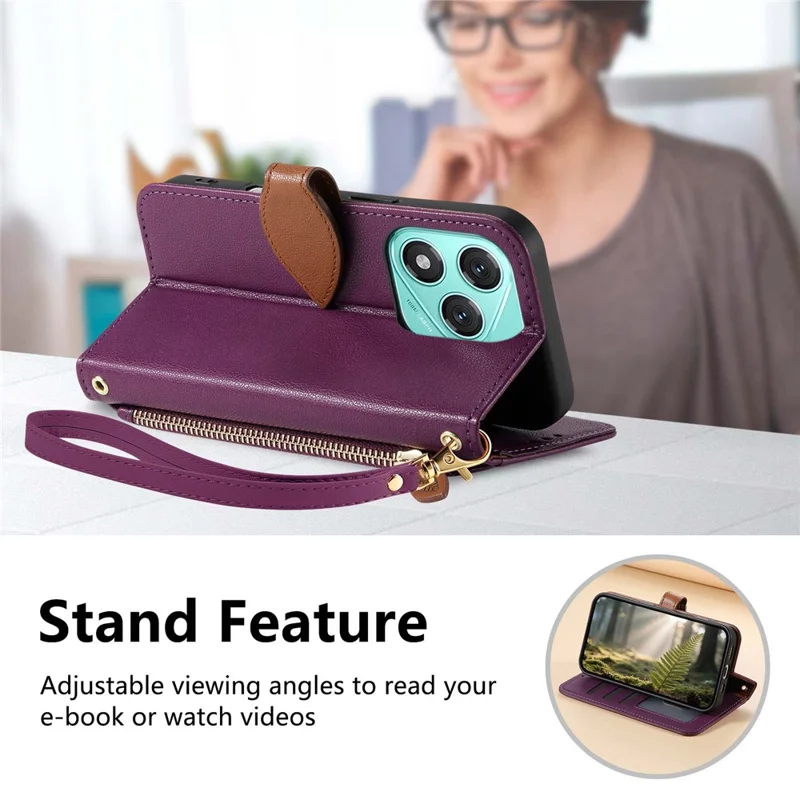 For Honor 400 Lite 5G Stand Case Leaf Shape Magnetic Clasp Leather Phone Cover with Hand Strap - Purple