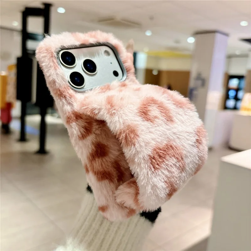 For iPhone 17 Pro Max Fluffy Phone Case Leopard Winter Warm Hand Strap TPU Cover - Pink