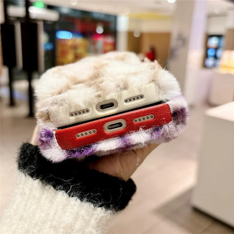 For iPhone 17 Pro Fluffy Phone Case Leopard Winter Warm Hand Strap TPU Cover - Pink