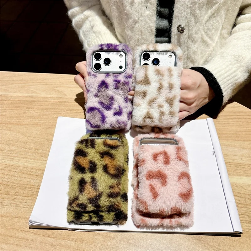 For iPhone 17 Pro Fluffy Phone Case Leopard Winter Warm Hand Strap TPU Cover - Pink