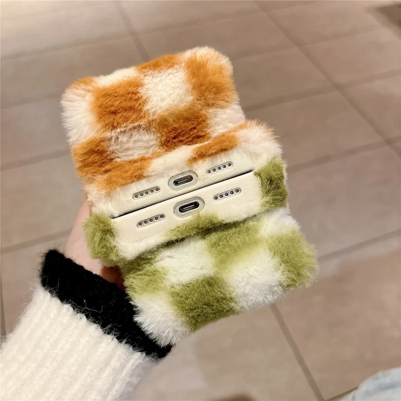 For iPhone 17 Pro Fluffy Phone Case Gird Winter Warm Hand Strap TPU Cover - White + Orange