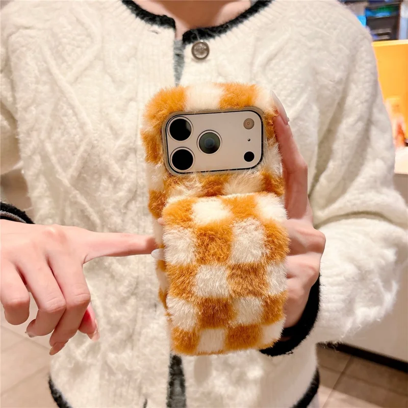 For iPhone 17 Pro Max Fluffy Phone Case Gird Winter Warm Hand Strap TPU Cover - White + Orange