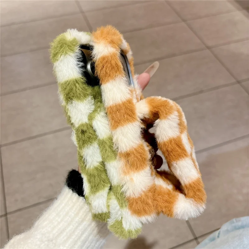 For iPhone 17 Pro Max Fluffy Phone Case Gird Winter Warm Hand Strap TPU Cover - White + Orange