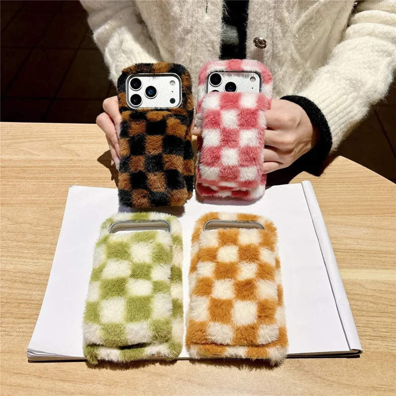 For iPhone 17 Pro Max Fluffy Phone Case Gird Winter Warm Hand Strap TPU Cover - White + Orange