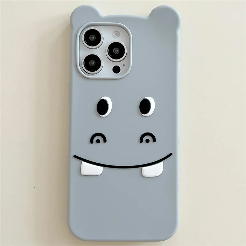 For iPhone 17 Pro Silicone Case Cute Funny Hippo Design Shockproof Phone Back Cover - Grey