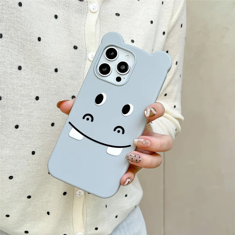 For iPhone 17 Pro Silicone Case Cute Funny Hippo Design Shockproof Phone Back Cover - Grey