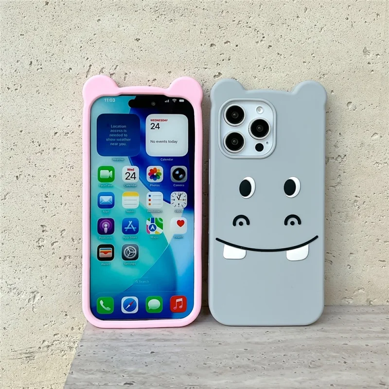 For iPhone 17 Pro Silicone Case Cute Funny Hippo Design Shockproof Phone Back Cover - Grey