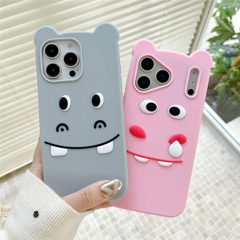 For iPhone 17 Pro Silicone Case Cute Funny Hippo Design Shockproof Phone Back Cover - Grey