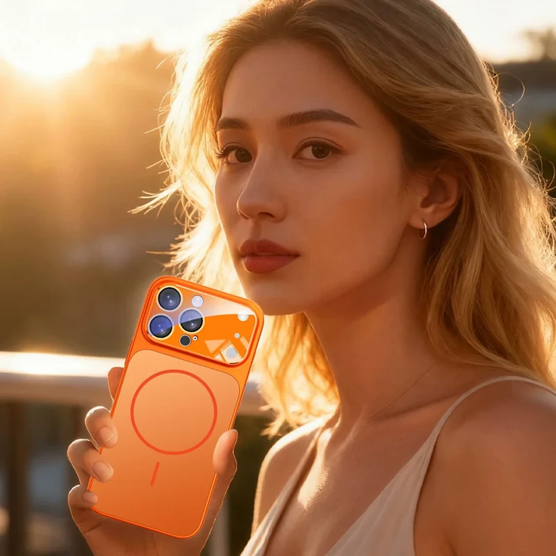 Compra a Granel para Capa Magnética iPhone 15 Pro Max Transformar em Capa de Telefone TPU + PC para 17 Pro Max com Filme de Lente de Vidro - Laranja