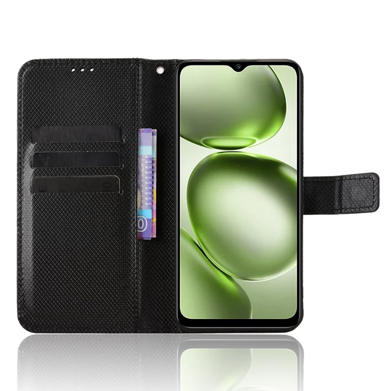 For itel A100C 4G Leather Wallet Case with Strap Diamond Texture Phone Cover - Black