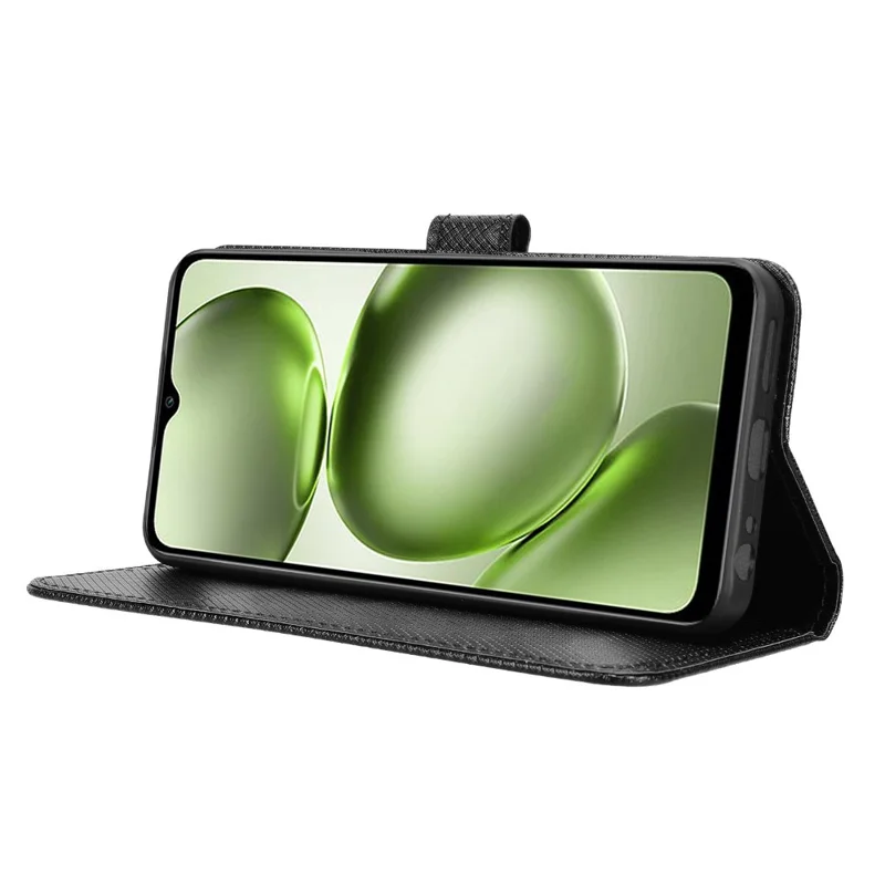 For itel A100C 4G Leather Wallet Case with Strap Diamond Texture Phone Cover - Black