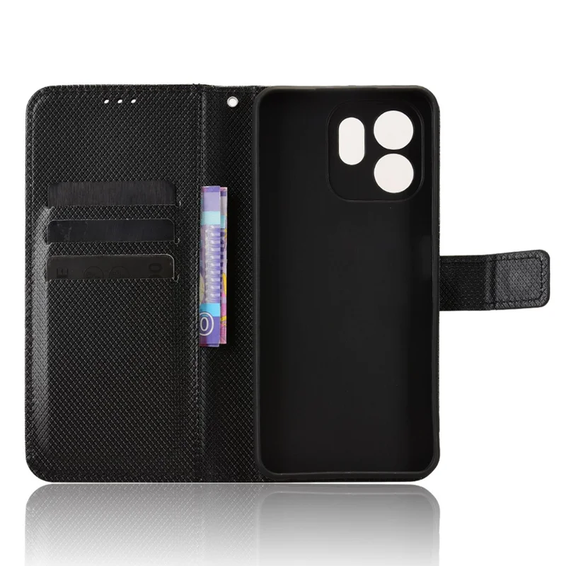 For itel A100C 4G Leather Wallet Case with Strap Diamond Texture Phone Cover - Black