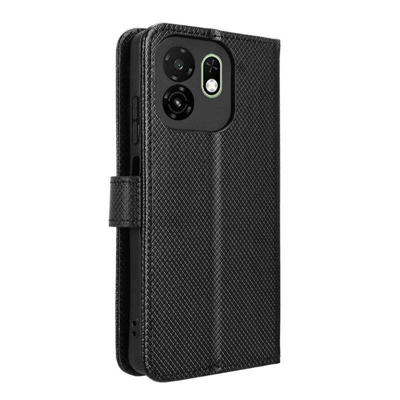 For itel A100C 4G Leather Wallet Case with Strap Diamond Texture Phone Cover - Black