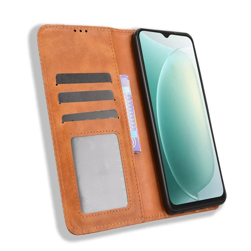 For Blackview Wave 9C Leather Case Wallet Stand Retro Texture Phone Cover - Brown