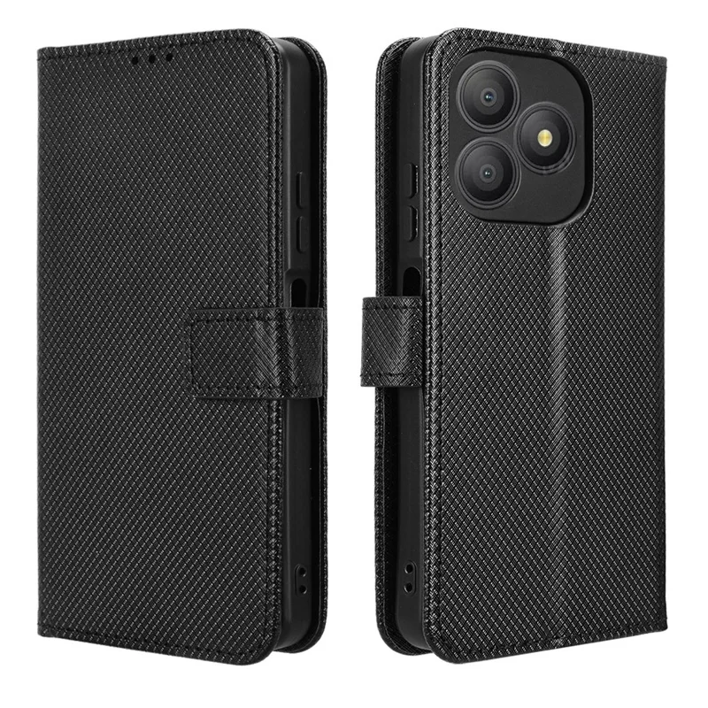 For Blackview Wave 9C Leather Wallet Case with Strap Diamond Texture Phone Cover - Black