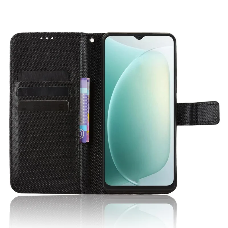 For Blackview Wave 9C Leather Wallet Case with Strap Diamond Texture Phone Cover - Black