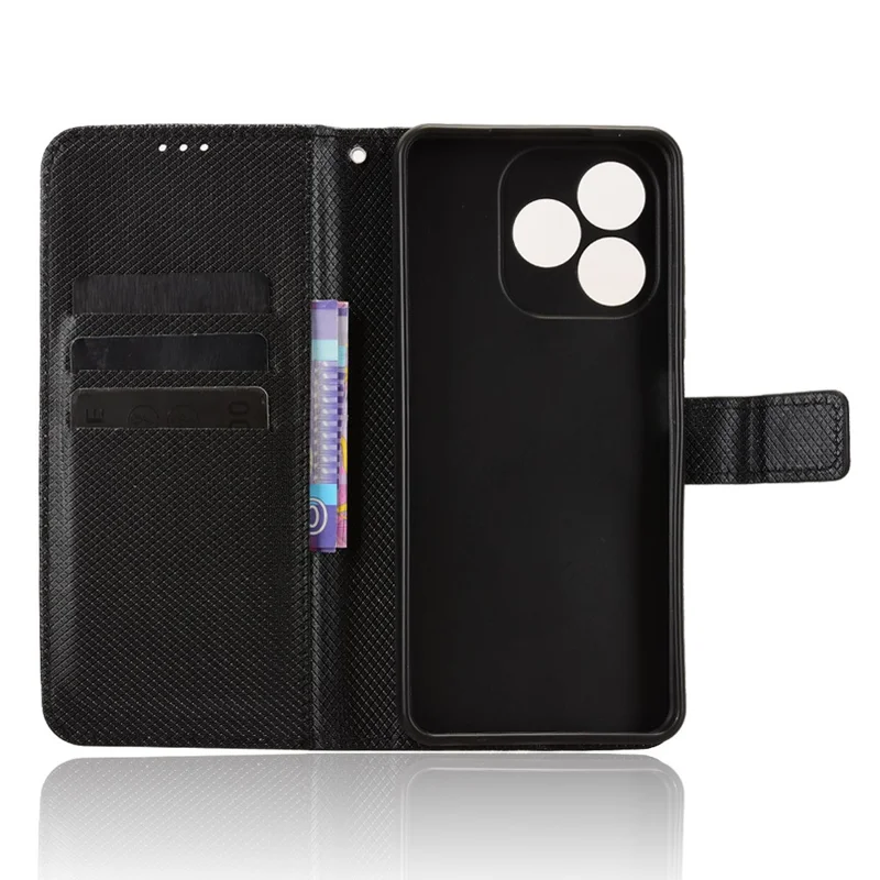 For Blackview Wave 9C Leather Wallet Case with Strap Diamond Texture Phone Cover - Black