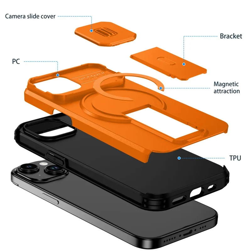 Fodral för iPhone 15 PC + TPU med ställ och kameraglidhölje, kompatibelt med MagSafe - Orange