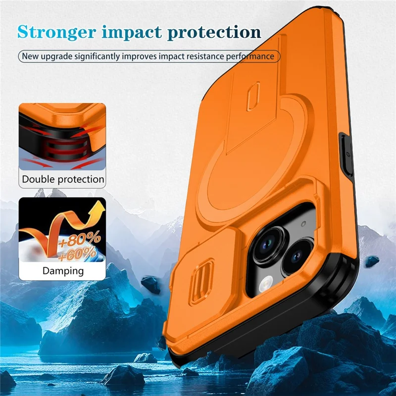 Fodral för iPhone 15 PC + TPU med ställ och kameraglidhölje, kompatibelt med MagSafe - Orange