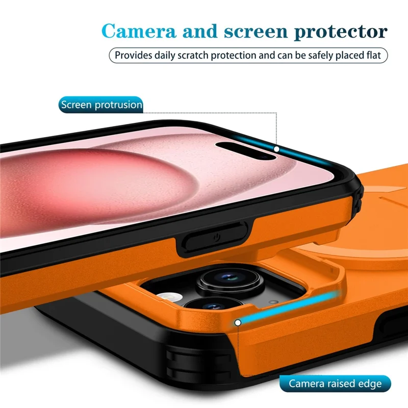 Fodral för iPhone 15 PC + TPU med ställ och kameraglidhölje, kompatibelt med MagSafe - Orange