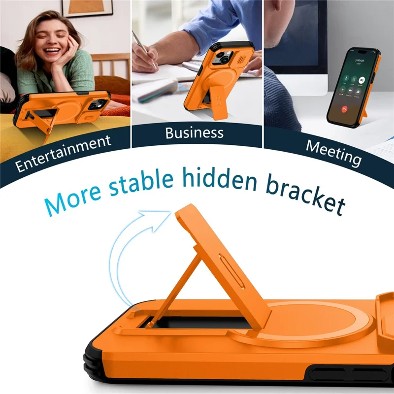 Fodral för iPhone 15 PC + TPU med ställ och kameraglidhölje, kompatibelt med MagSafe - Orange