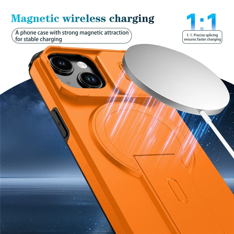 Fodral för iPhone 15 PC + TPU med ställ och kameraglidhölje, kompatibelt med MagSafe - Orange