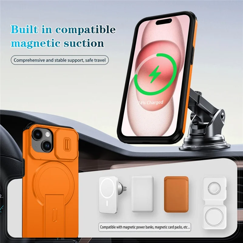 Fodral för iPhone 15 PC + TPU med ställ och kameraglidhölje, kompatibelt med MagSafe - Orange