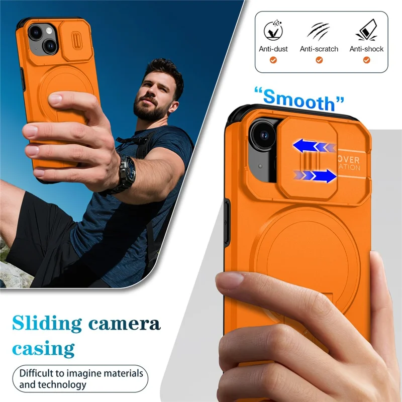Fodral för iPhone 15 PC + TPU med ställ och kameraglidhölje, kompatibelt med MagSafe - Orange