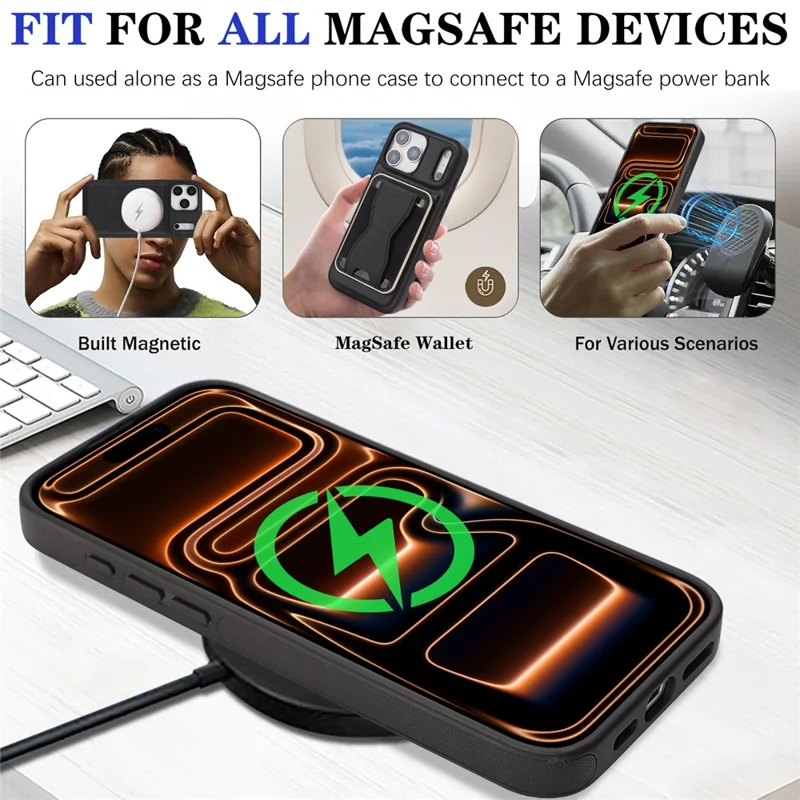 Custodia per iPhone 17 Pro Max compatibile con MagSafe, cover posteriore in pelle con portacarte staccabile e supporto - Nero