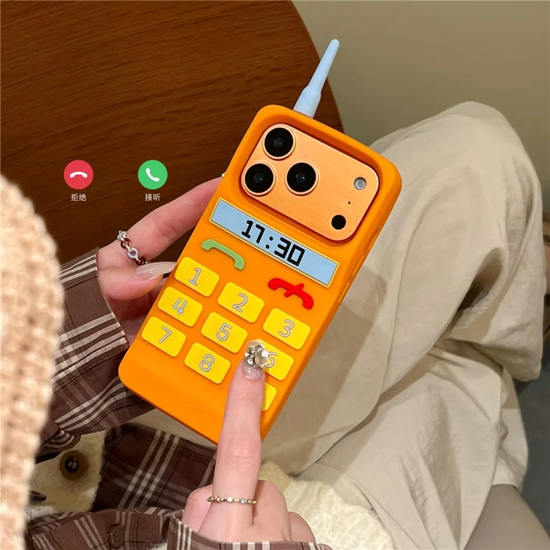 For iPhone 17 Pro Max Silicone Case Cute Orange Telephone Design Shockproof Phone Back Cover