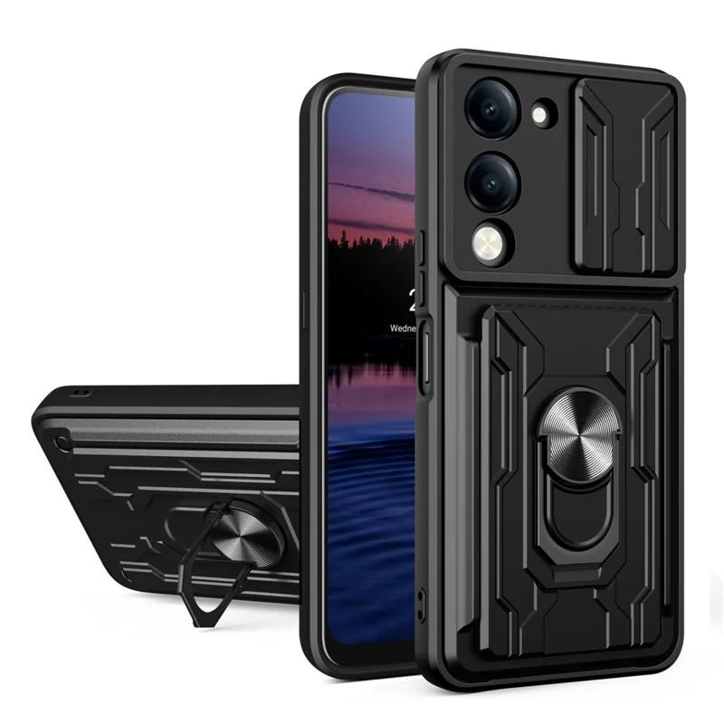 For vivo Y29s 5G  /  Y04 4G Case PC + TPU Kickstand Phone Back Cover with Camera Slider - Black