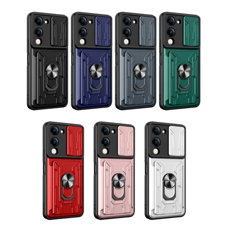 For vivo Y29s 5G  /  Y04 4G Case PC + TPU Kickstand Phone Back Cover with Camera Slider - Black