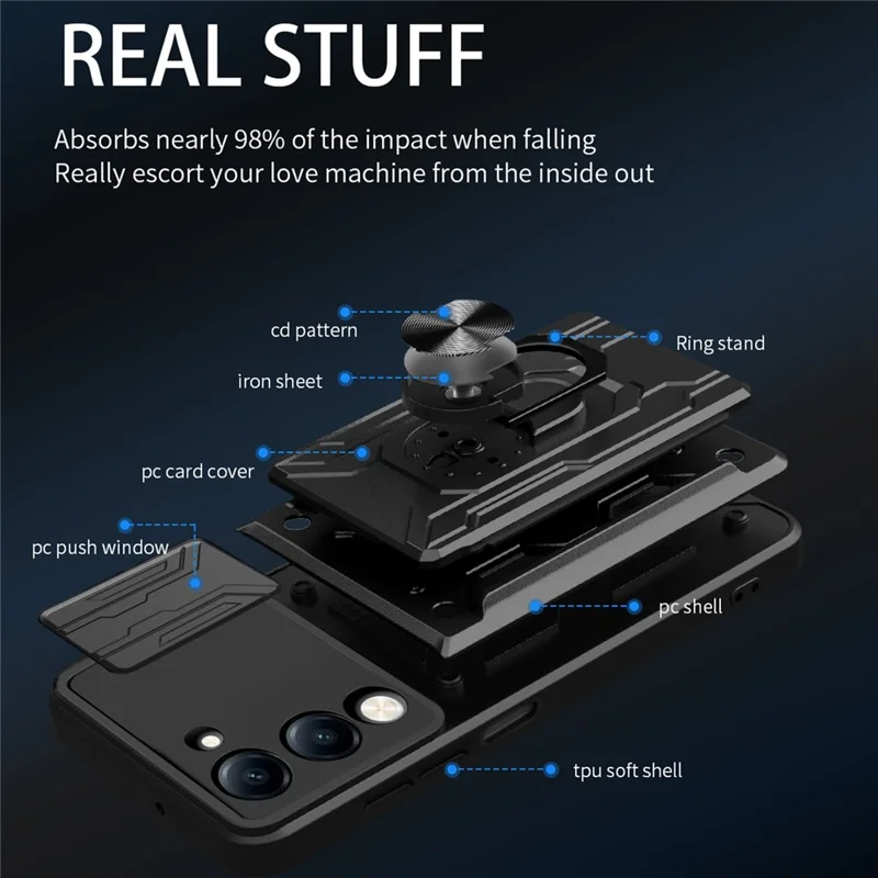 For vivo Y29s 5G  /  Y04 4G Case PC + TPU Kickstand Phone Back Cover with Camera Slider - Black