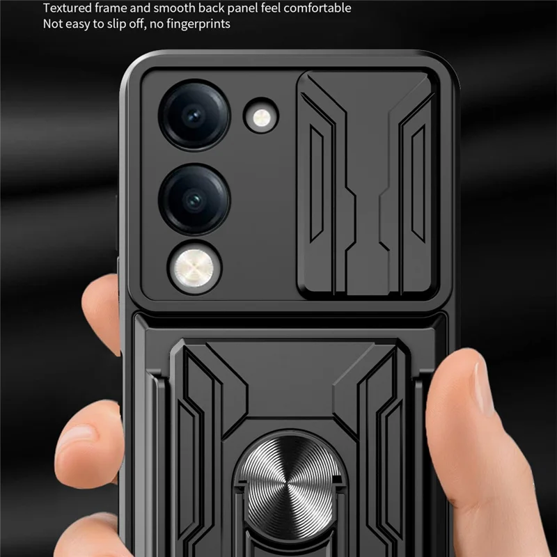 For vivo Y29s 5G  /  Y04 4G Case PC + TPU Kickstand Phone Back Cover with Camera Slider - Black