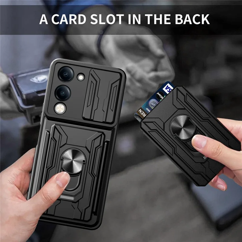For vivo Y29s 5G  /  Y04 4G Case PC + TPU Kickstand Phone Back Cover with Camera Slider - Black