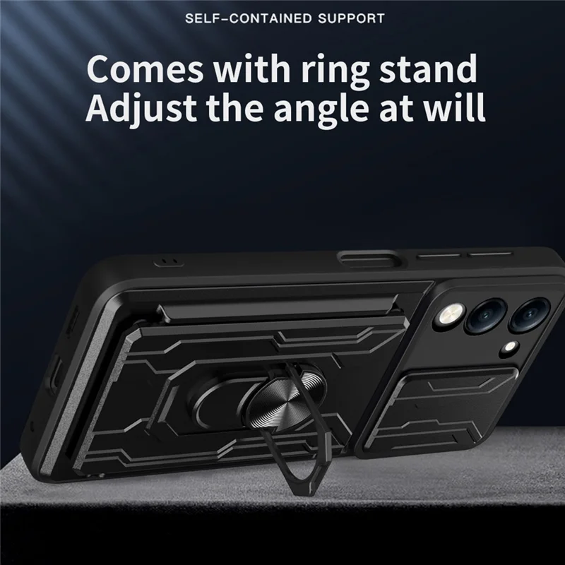 For vivo Y29s 5G  /  Y04 4G Case PC + TPU Kickstand Phone Back Cover with Camera Slider - Black