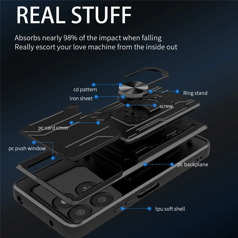 Telefoonhoesje voor Honor 400 Smart 5G / X7d 5G / X7d 4G PC + TPU staander achterkant met camera-schuif - Zwart