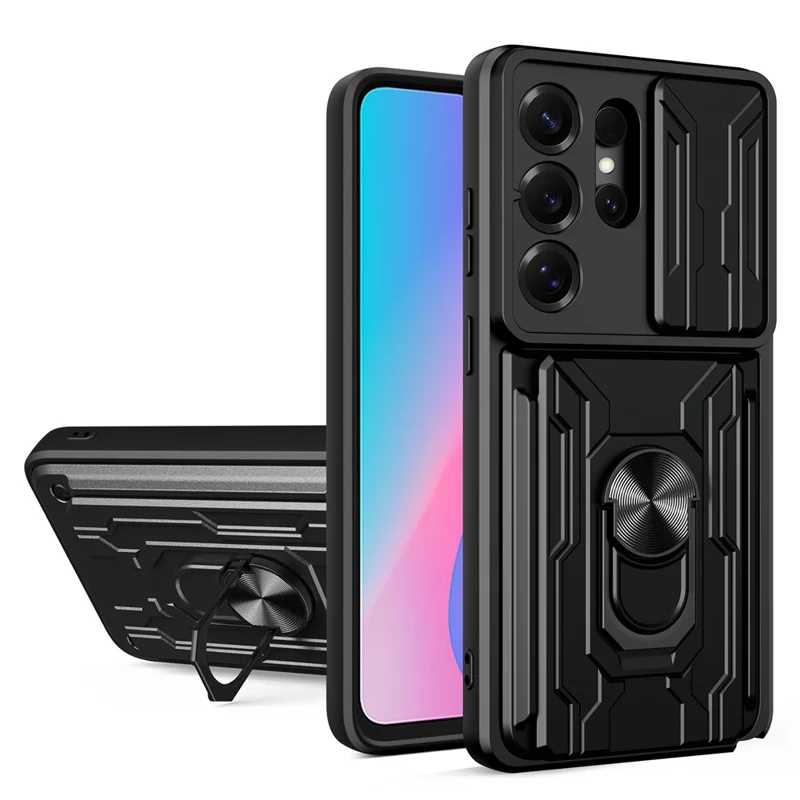 For Samsung Galaxy S26 Ultra Case PC + TPU Kickstand Phone Back Cover with Camera Slider - Black