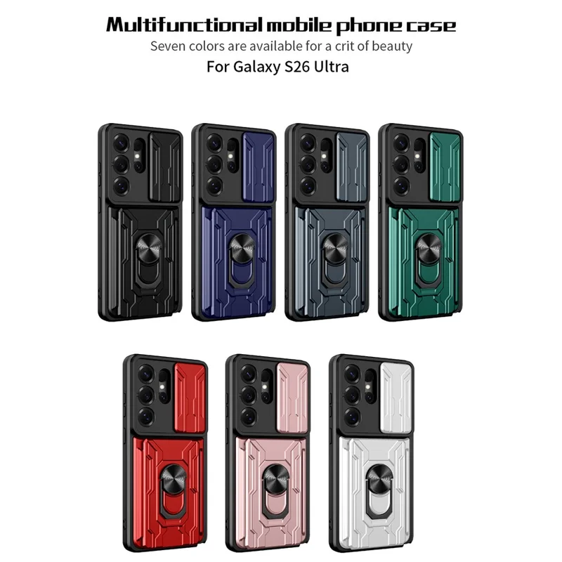 For Samsung Galaxy S26 Ultra Case PC + TPU Kickstand Phone Back Cover with Camera Slider - Black