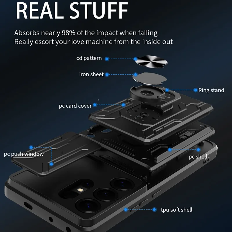 For Samsung Galaxy S26 Ultra Case PC + TPU Kickstand Phone Back Cover with Camera Slider - Black