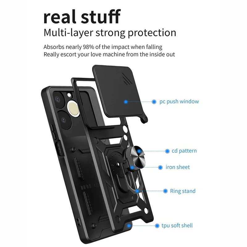 Phone Case For Realme Narzo 80 Lite 4G  /  C71 4G (India)  /  Note 70T 4G  /  Note 70 4G PC + TPU Kickstand Cover with Slide Camera Lid - Black