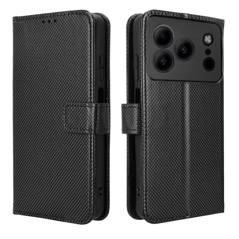 Leather Wallet Case for Doogee Note 56 / Note 56 Pro / Note 56 Plus Diamond Texture Phone Cover with Strap - Black