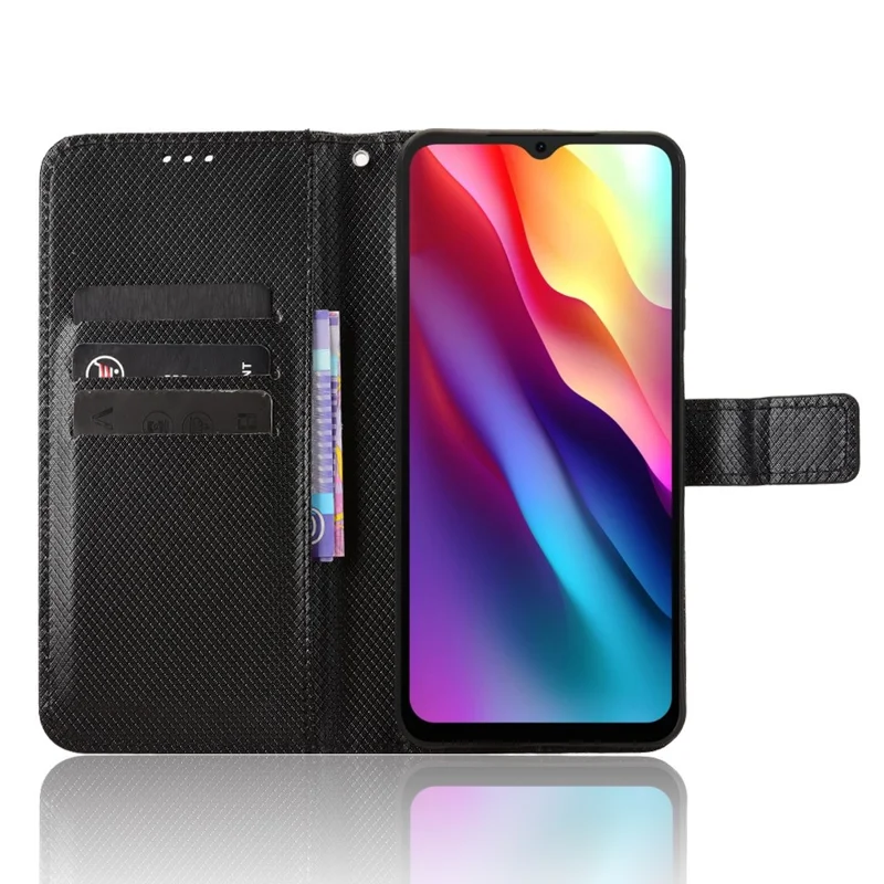 Leather Wallet Case for Doogee Note 56 / Note 56 Pro / Note 56 Plus Diamond Texture Phone Cover with Strap - Black