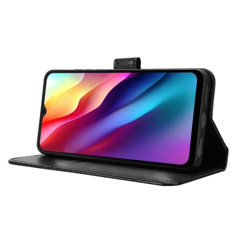 Leather Wallet Case for Doogee Note 56 / Note 56 Pro / Note 56 Plus Diamond Texture Phone Cover with Strap - Black