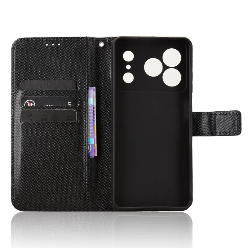 Leather Wallet Case for Doogee Note 56 / Note 56 Pro / Note 56 Plus Diamond Texture Phone Cover with Strap - Black